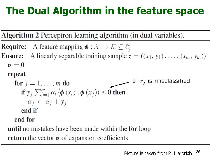 The Dual Algorithm in the feature space Picture is taken from R. Herbrich 36