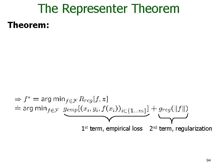 The Representer Theorem: 1 st term, empirical loss 2 nd term, regularization 94 