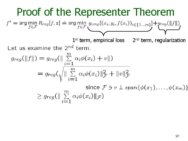 Proof of the Representer Theorem 1 st term, empirical loss 2 nd term, regularization