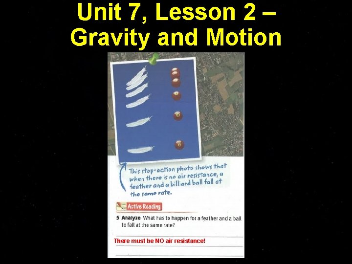 Unit 7, Lesson 2 – Gravity and Motion There must be NO air resistance!