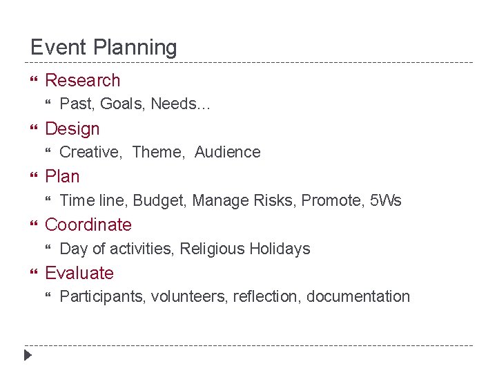 Event Planning Research Design Time line, Budget, Manage Risks, Promote, 5 Ws Coordinate Creative,