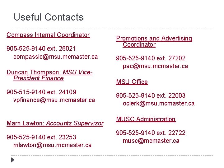 Useful Contacts Compass Internal Coordinator 905 -525 -9140 ext. 26021 compassic@msu. mcmaster. ca Duncan