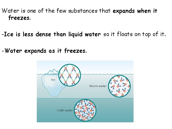 Water is one of the few substances that expands when it freezes. -Ice is
