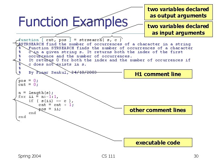 Function Examples two variables declared as output arguments two variables declared as input arguments