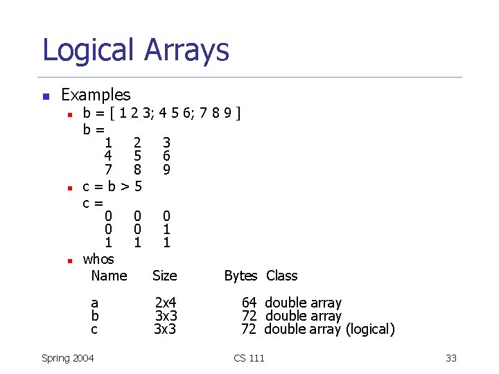 Logical Arrays n Examples n n n b = [ 1 2 3; 4