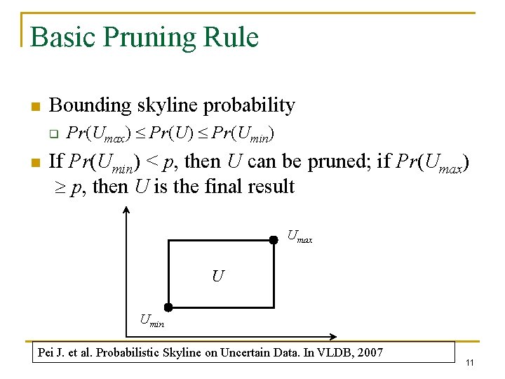 Basic Pruning Rule n Bounding skyline probability q n Pr(Umax) Pr(Umin) If Pr(Umin) <