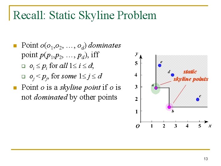 Recall: Static Skyline Problem n Point o(o 1, o 2, …, od) dominates point