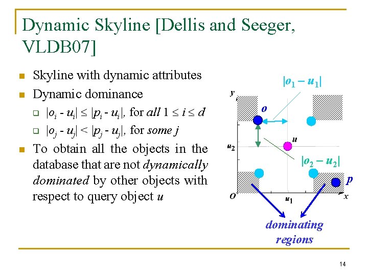 Dynamic Skyline [Dellis and Seeger, VLDB 07] n n Skyline with dynamic attributes Dynamic