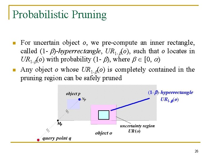 Probabilistic Pruning n n For uncertain object o, we pre-compute an inner rectangle, called