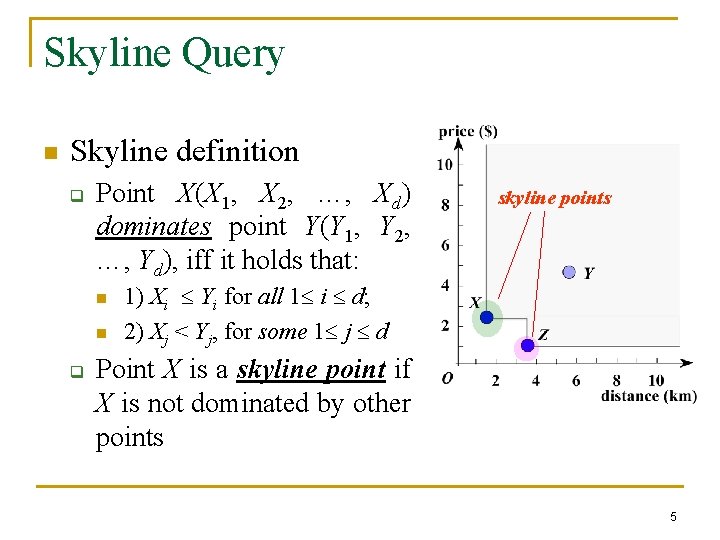 Skyline Query n Skyline definition q Point X(X 1, X 2, …, Xd) dominates