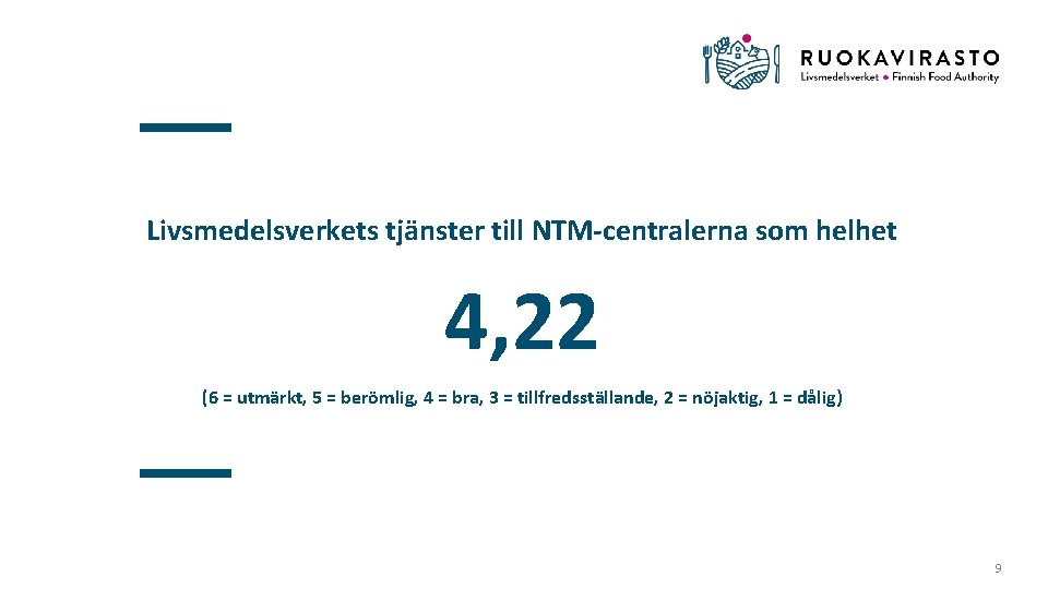 Livsmedelsverkets tjänster till NTM-centralerna som helhet 4, 22 (6 = utmärkt, 5 = berömlig,