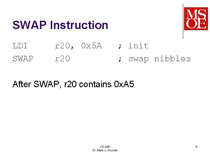 SWAP Instruction LDI SWAP r 20, 0 x 5 A r 20 ; init