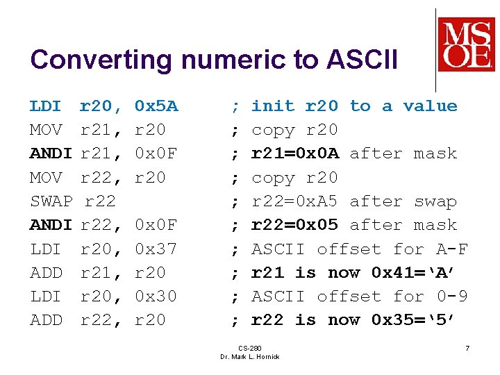 Converting numeric to ASCII LDI MOV ANDI MOV SWAP ANDI LDI ADD r 20,