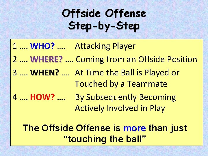 Offside Offense Step-by-Step 1 …. WHO? …. Attacking Player 2 …. WHERE? …. Coming
