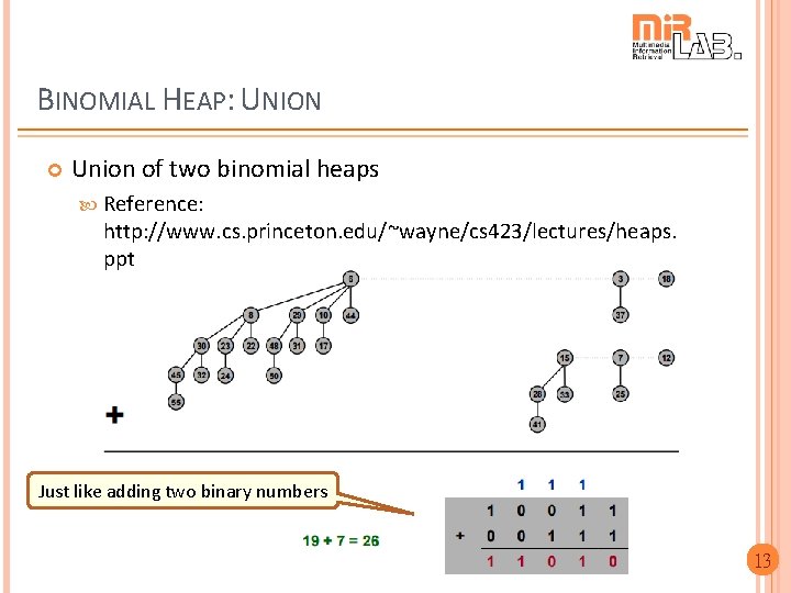 BINOMIAL HEAP: UNION Union of two binomial heaps Reference: http: //www. cs. princeton. edu/~wayne/cs