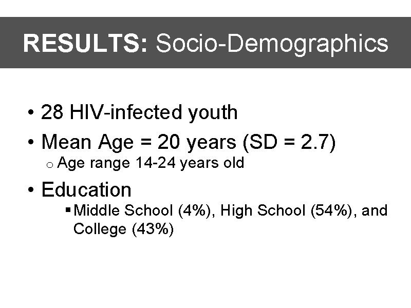 RESULTS: Socio-Demographics • 28 HIV-infected youth • Mean Age = 20 years (SD =