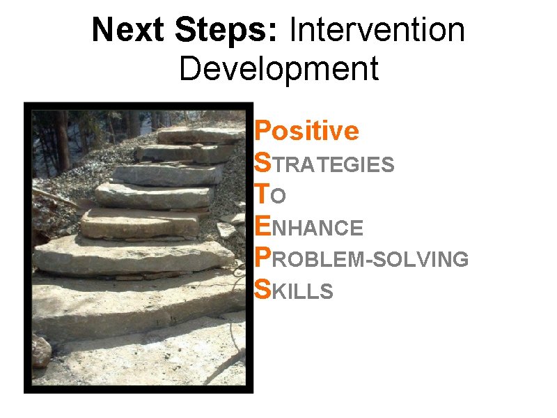 Next Steps: Intervention Development Positive STRATEGIES TO ENHANCE PROBLEM-SOLVING SKILLS 