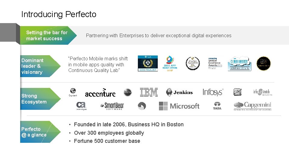 Introducing Perfecto Setting the bar for market success Dominant leader & visionary Partnering with