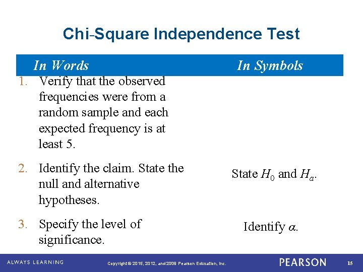 Chi-Square Independence Test In Words In Symbols 1. Verify that the observed frequencies were