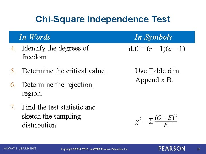 Chi-Square Independence Test In Words In Symbols 4. Identify the degrees of freedom. 5.