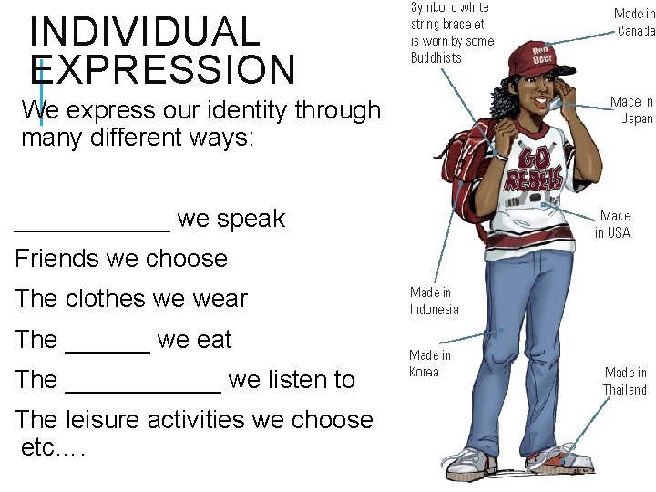 INDIVIDUAL EXPRESSION We express our identity through many different ways: ______ we speak Friends