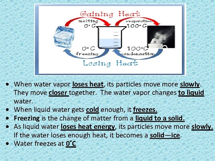  When water vapor loses heat, its particles move more slowly. They move closer