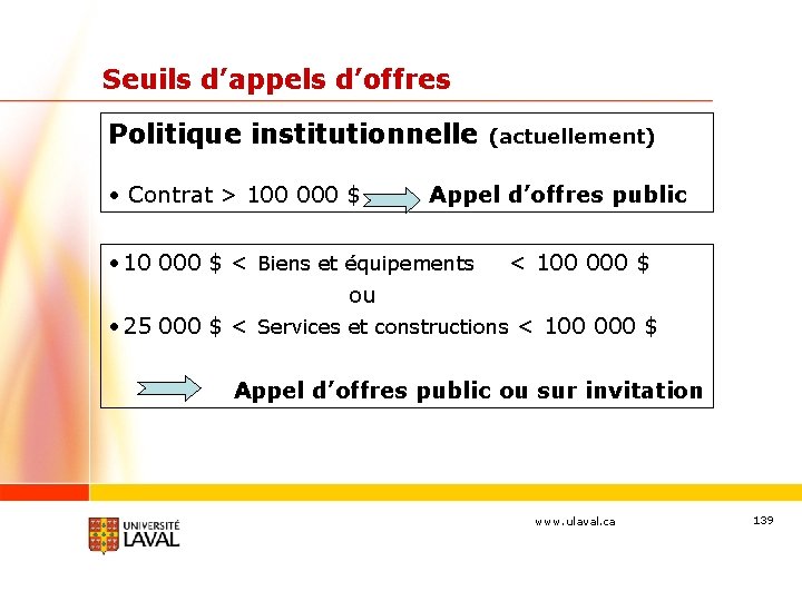 Seuils d’appels d’offres Politique institutionnelle • Contrat > 100 000 $ (actuellement) Appel d’offres