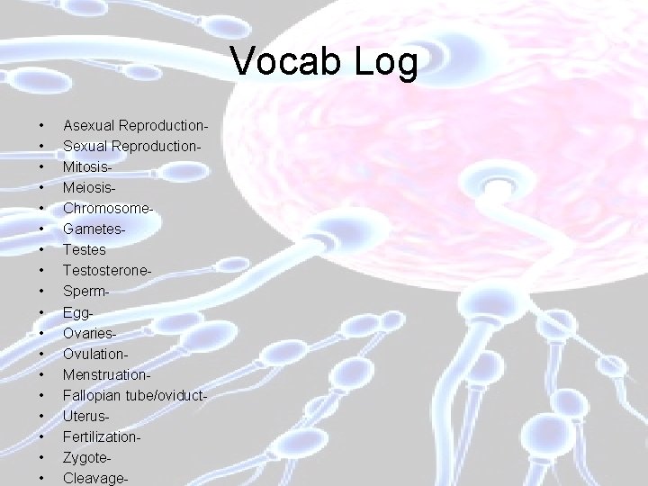 Vocab Log • • • • • Asexual Reproduction. Sexual Reproduction. Mitosis. Meiosis. Chromosome.