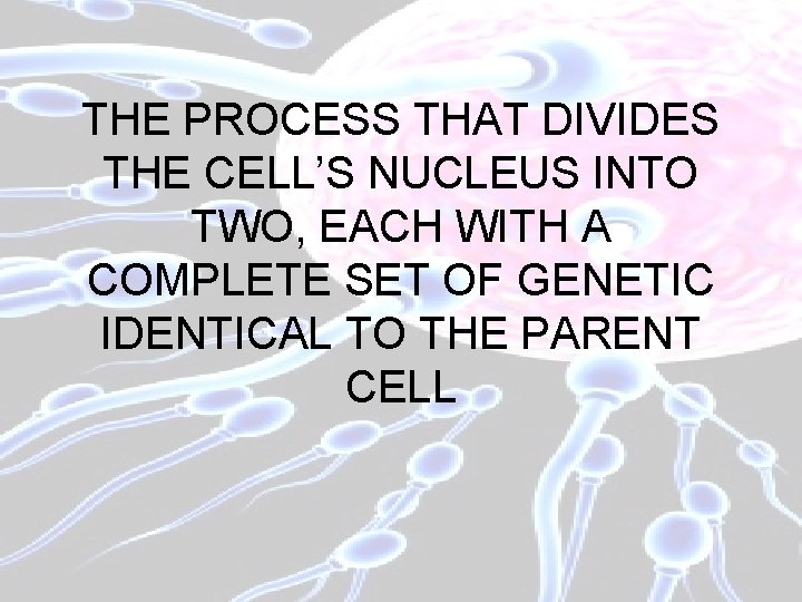 THE PROCESS THAT DIVIDES THE CELL’S NUCLEUS INTO TWO, EACH WITH A COMPLETE SET