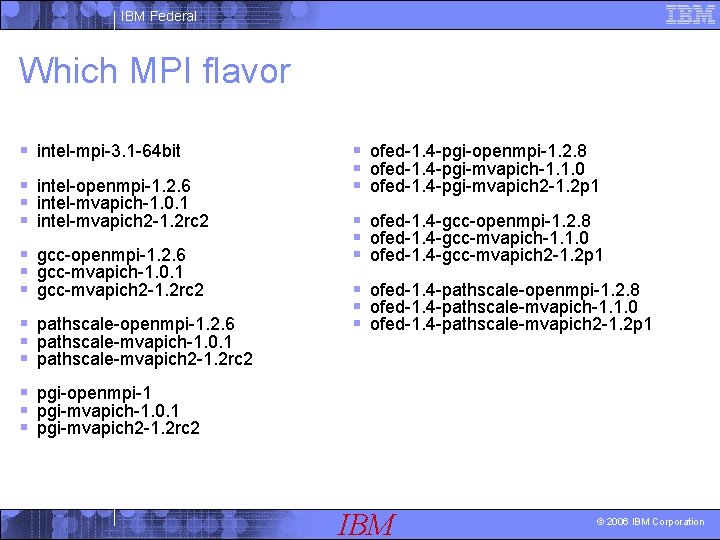 IBM Federal Which MPI flavor § intel-mpi-3. 1 -64 bit § intel-openmpi-1. 2. 6