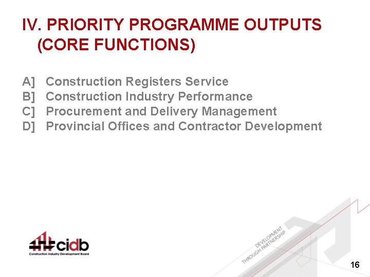 IV. PRIORITY PROGRAMME OUTPUTS (CORE FUNCTIONS) A] B] C] D] Construction Registers Service Construction