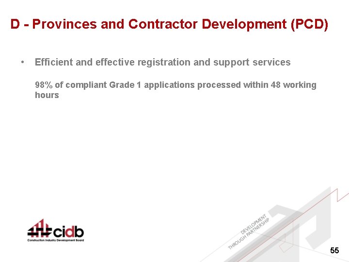 D - Provinces and Contractor Development (PCD) • Efficient and effective registration and support