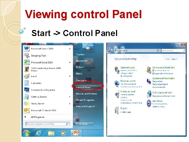 Viewing control Panel Start -> Control Panel Viewing control Panel Start -> Control Panel