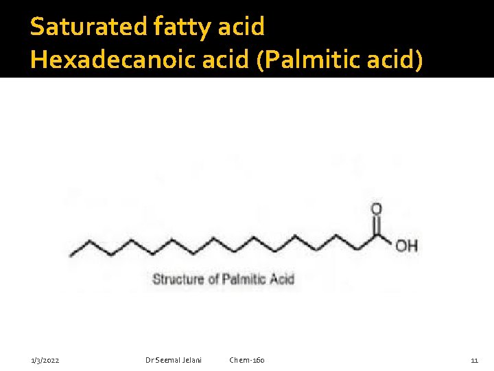 Saturated fatty acid Hexadecanoic acid (Palmitic acid) 1/3/2022 Dr Seemal Jelani Chem-160 11 