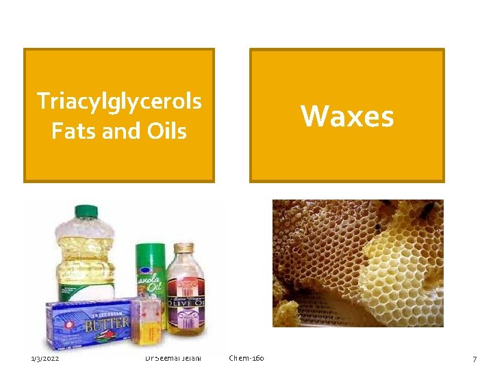 Triacylglycerols Fats and Oils 1/3/2022 Dr Seemal Jelani Waxes Chem-160 7 