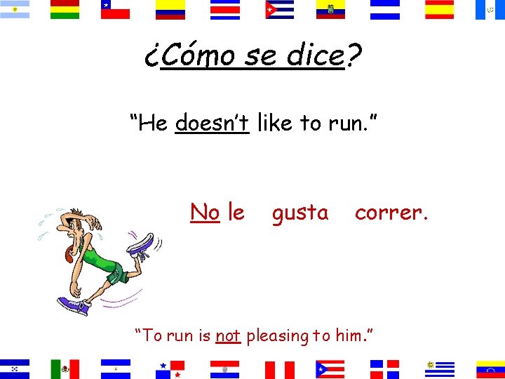 ¿Cómo se dice? “He doesn’t like to run. ” No le gusta correr. “To