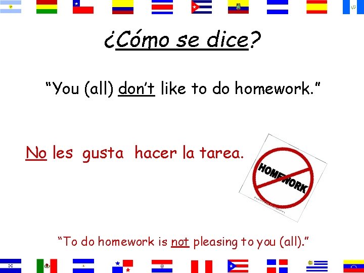 ¿Cómo se dice? “You (all) don’t like to do homework. ” No les gusta