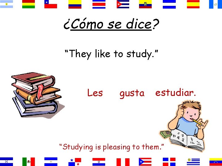 ¿Cómo se dice? “They like to study. ” Les gusta estudiar. “Studying is pleasing