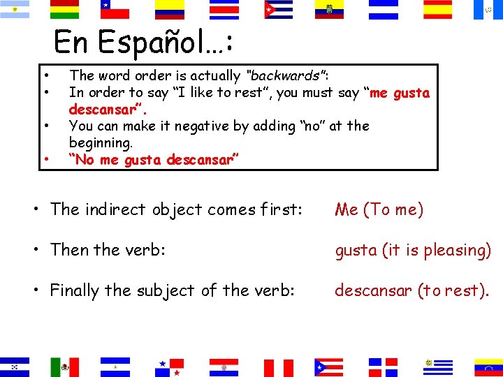 En Español…: • • The word order is actually “backwards”: In order to say