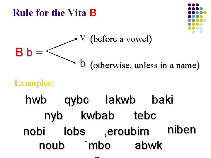 Rule for the Vita B Bb= v (before a vowel) b (otherwise, unless in