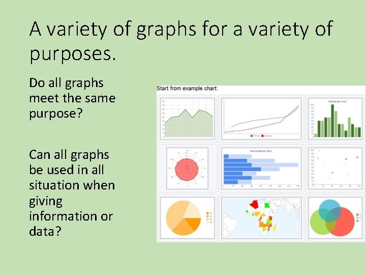 A variety of graphs for a variety of purposes. Do all graphs meet the A variety of graphs for a variety of purposes. Do all graphs meet the