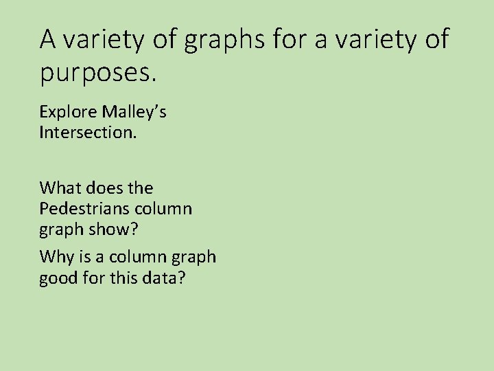 A variety of graphs for a variety of purposes. Explore Malley’s Intersection. What does A variety of graphs for a variety of purposes. Explore Malley’s Intersection. What does