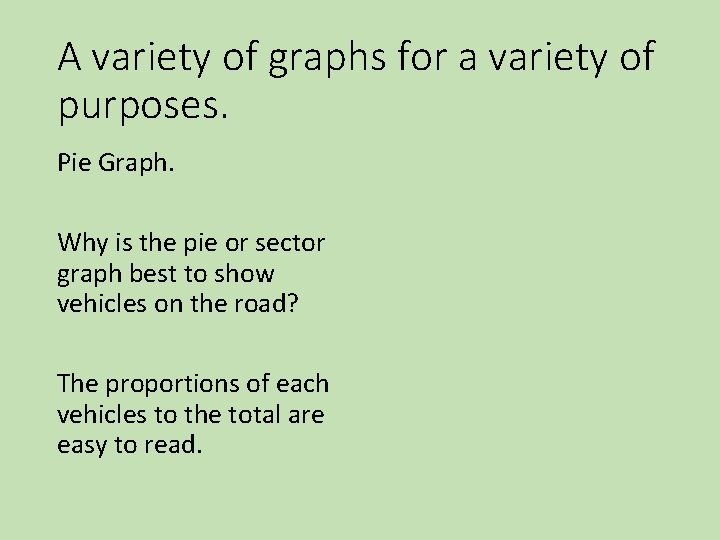 A variety of graphs for a variety of purposes. Pie Graph. Why is the A variety of graphs for a variety of purposes. Pie Graph. Why is the