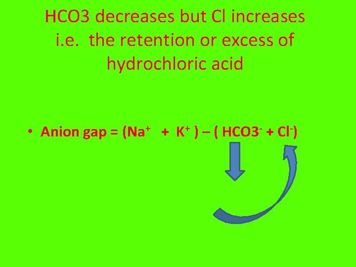 HCO 3 decreases but Cl increases i. e. the retention or excess of hydrochloric