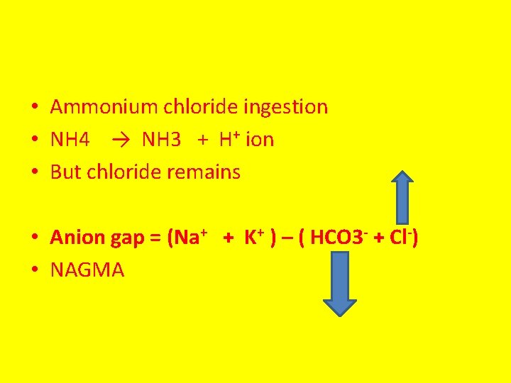  • Ammonium chloride ingestion • NH 4 → NH 3 + H+ ion
