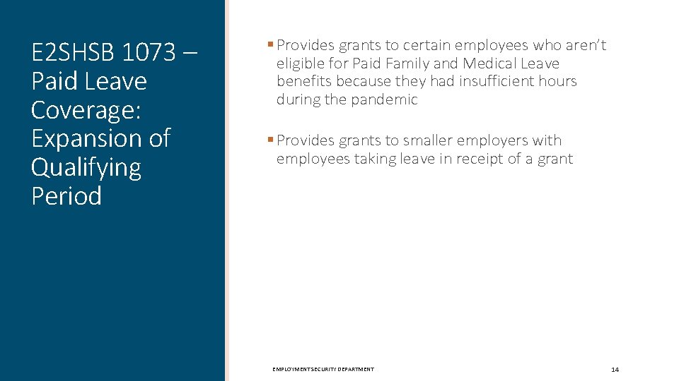 E 2 SHSB 1073 – Paid Leave Coverage: Expansion of Qualifying Period § Provides