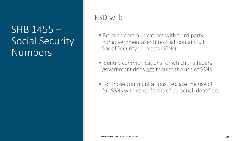SHB 1455 – Social Security Numbers ESD will: § Examine communications with third-party nongovernmental