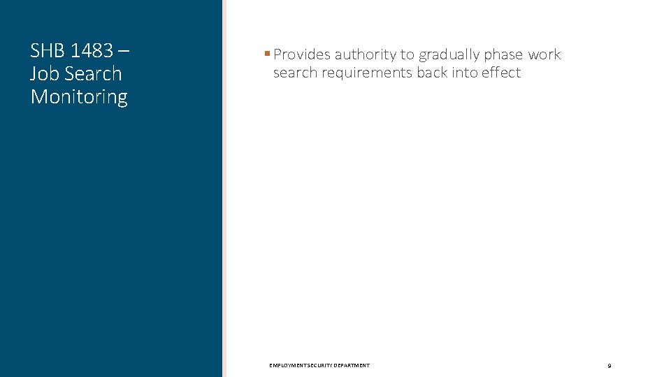 SHB 1483 – Job Search Monitoring § Provides authority to gradually phase work search