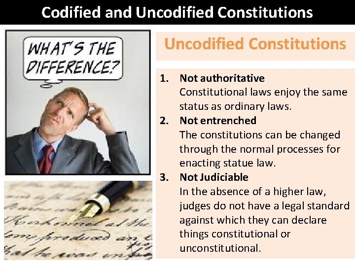Codified and Uncodified Constitutions 1. Not authoritative Constitutional laws enjoy the same status as