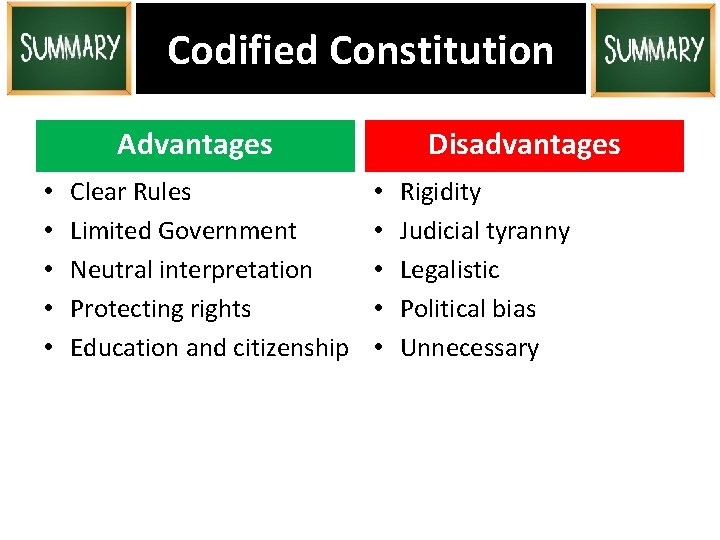 Codified Constitution Advantages • • • Clear Rules Limited Government Neutral interpretation Protecting rights